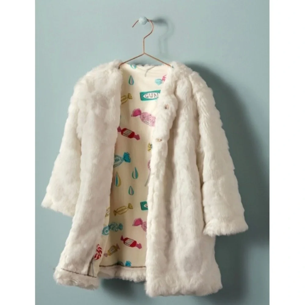 Mini Boden Roald Dahl Veruca Salt Faux Fur Coat Cream Candy Print Lining 2-3 Yrs
